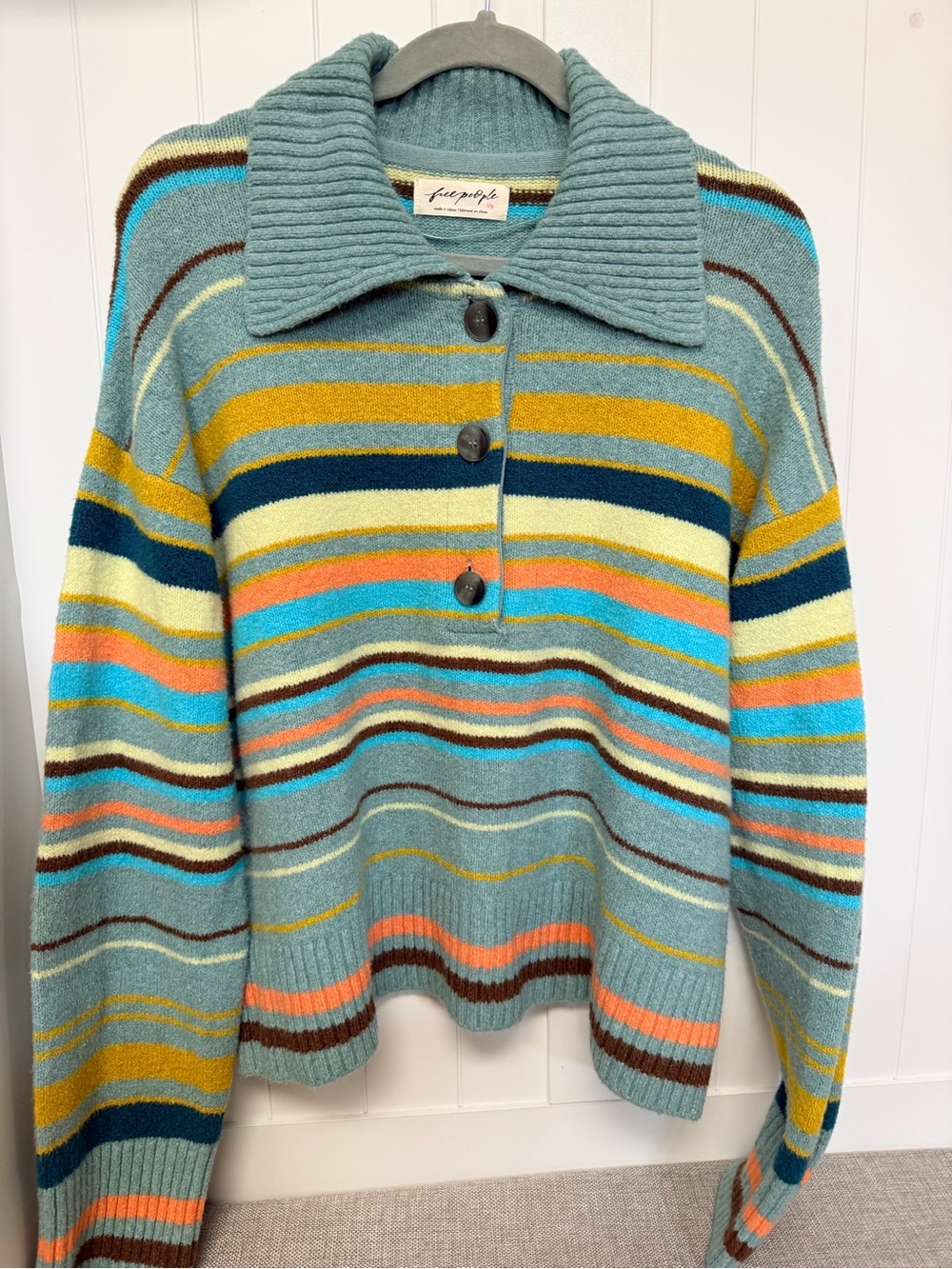 Free People Teal Multi-Stripe Ribbed Collar Button Pullover